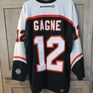 KOHO Autographed Simon Gagne Flyers Hockey Jersey Black & White with Orange Trim